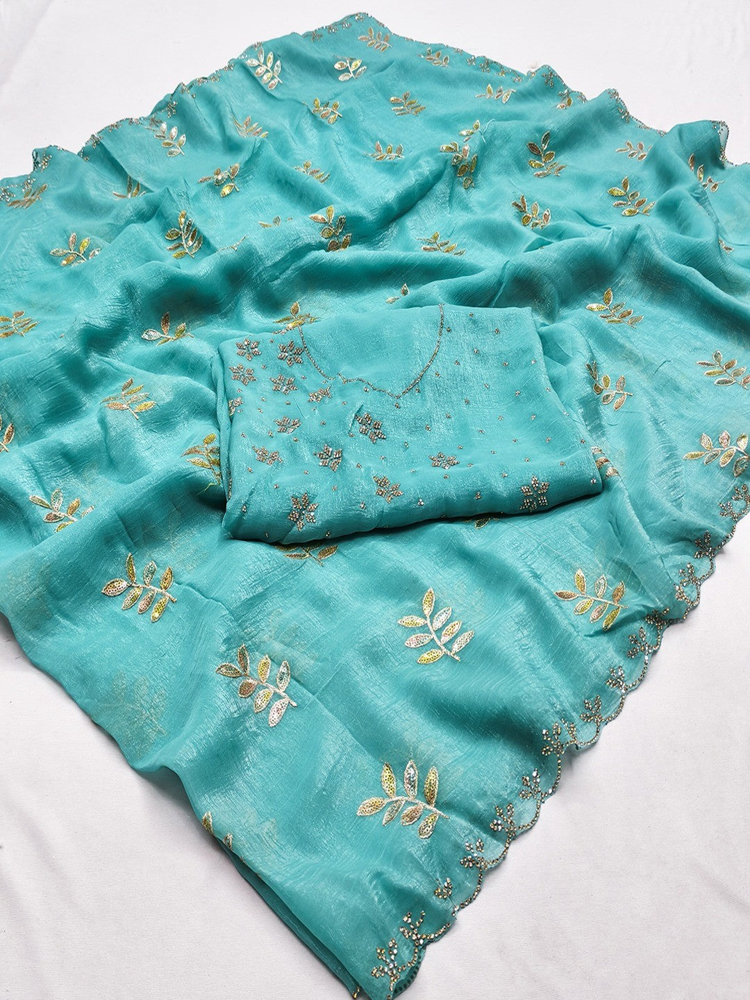 An Elegant Turquoise Chiffon Saree Adorned with Delicate Leaf Embellishments - Image 2