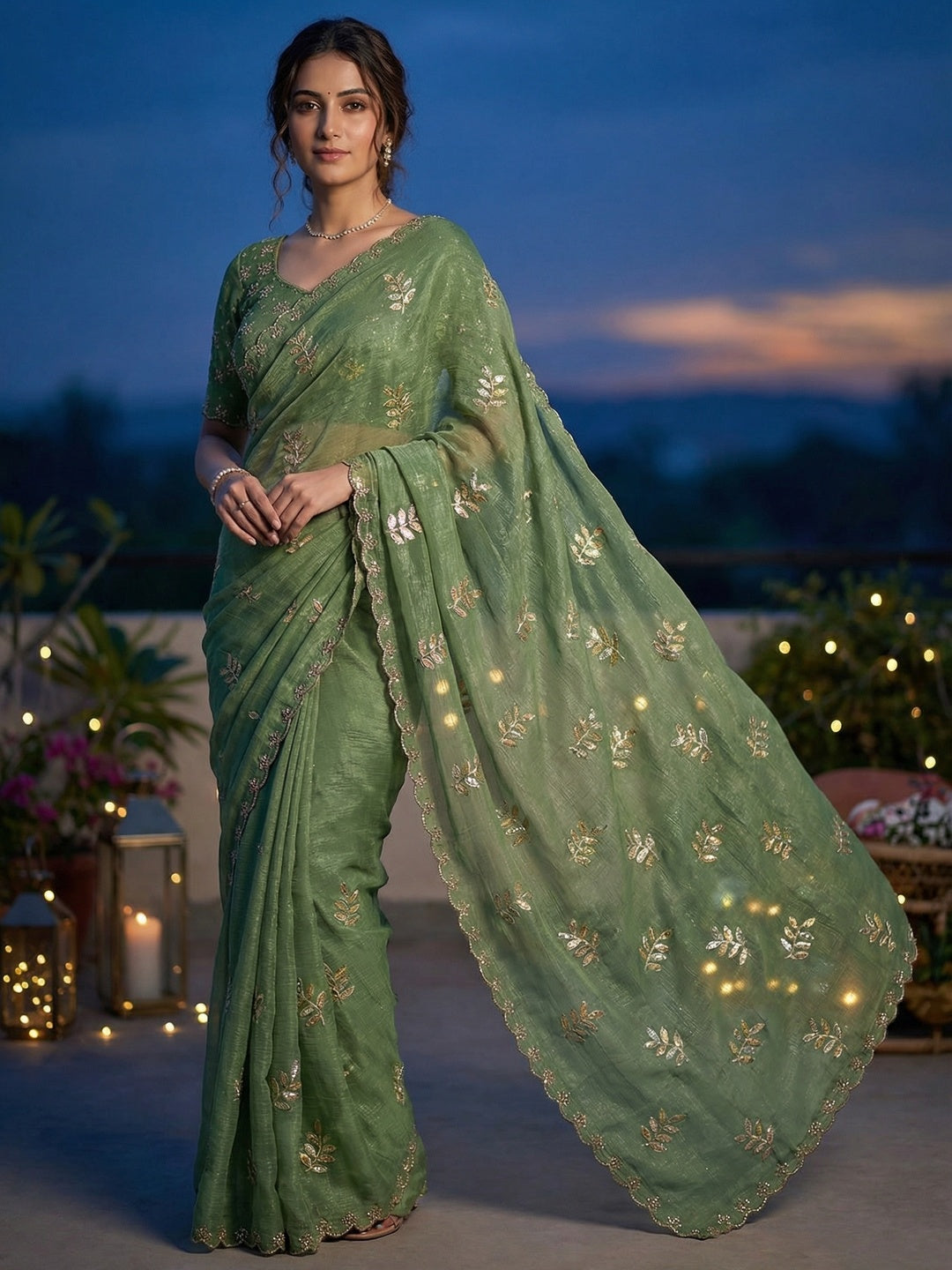An Elegant Green Chiffon Saree Adorned with Delicate Leaf Embellishments - Image 1