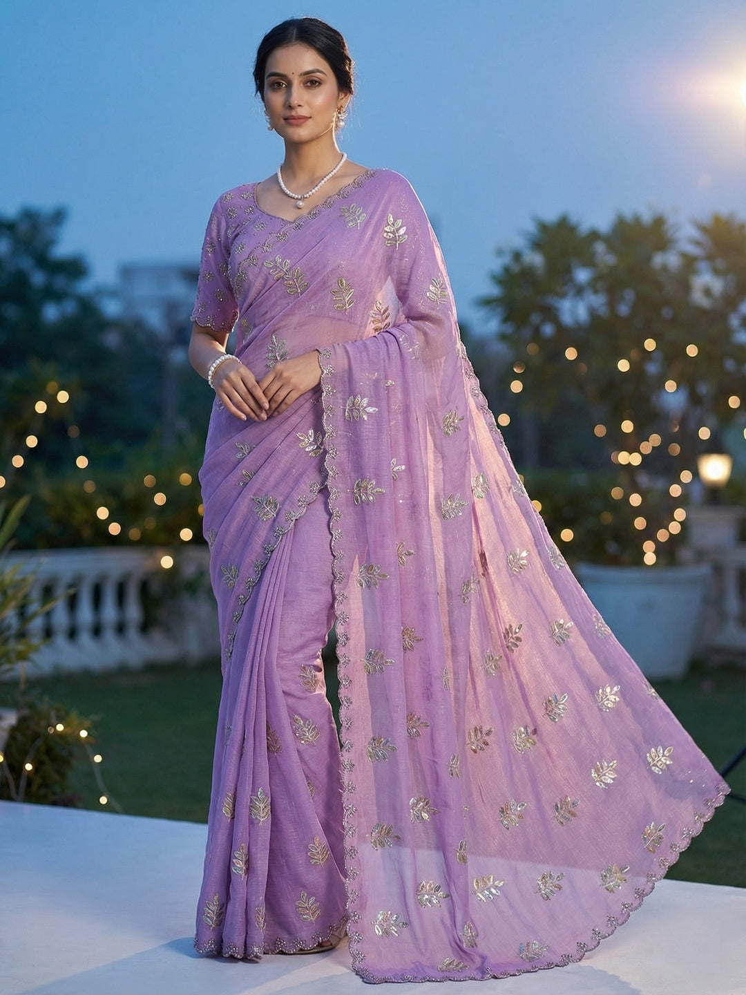 An Elegant Purple Chiffon Saree Adorned with Delicate Leaf Embellishments - Image 1