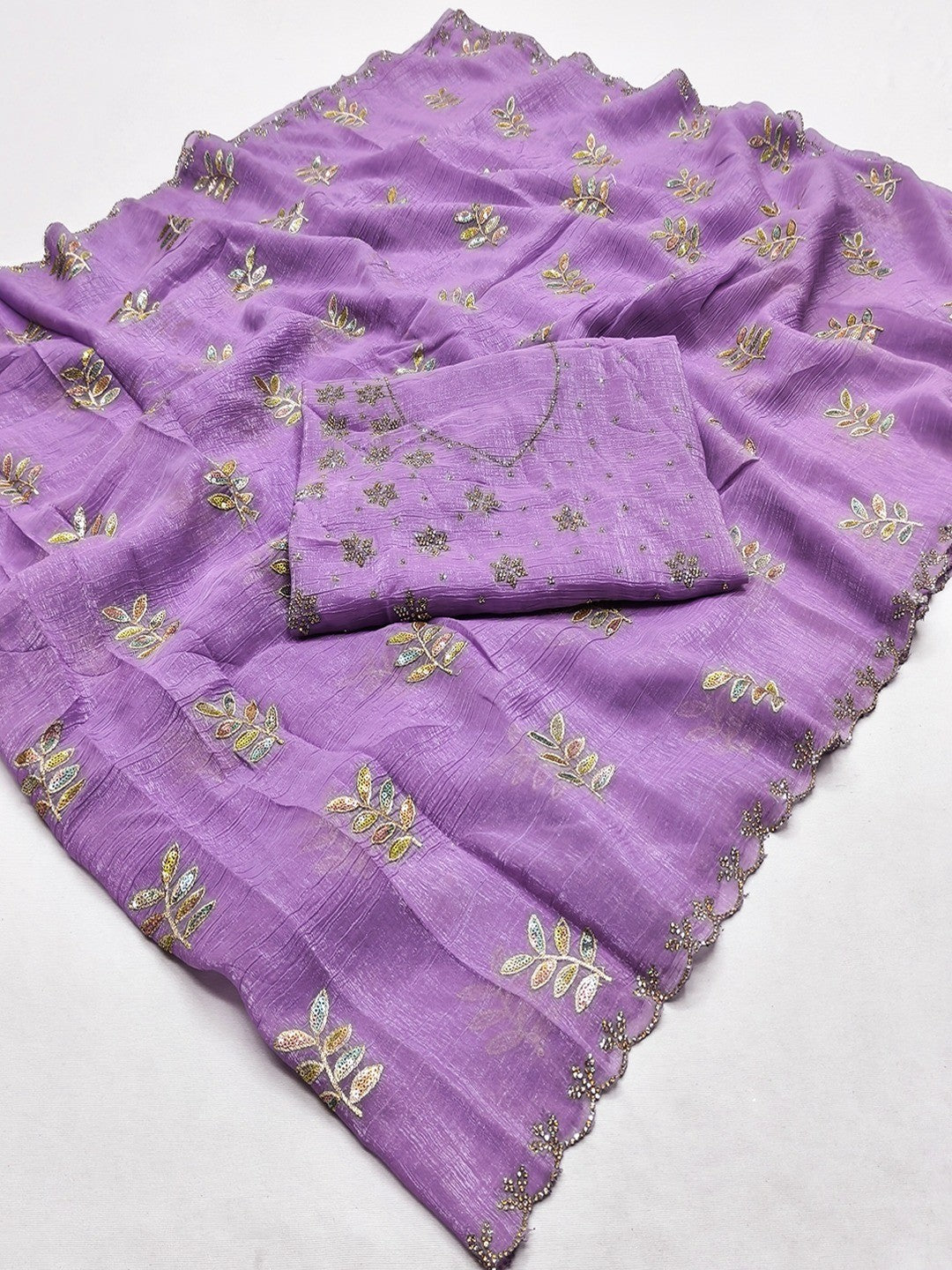 An Elegant Purple Chiffon Saree Adorned with Delicate Leaf Embellishments - Image 2