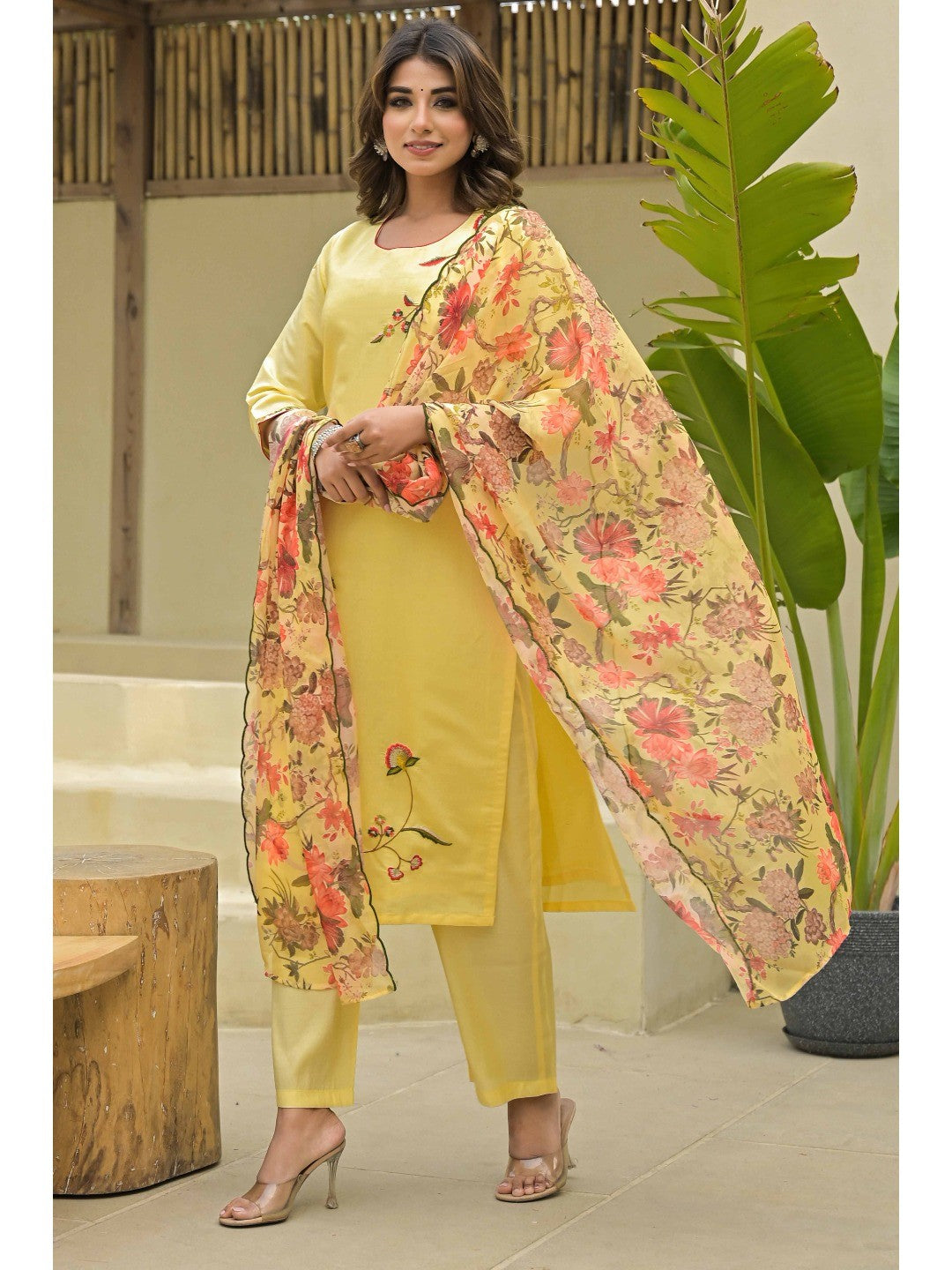 Yellow Thread Work Embroidered Chanderi Silk Salwar Suit - Image 1