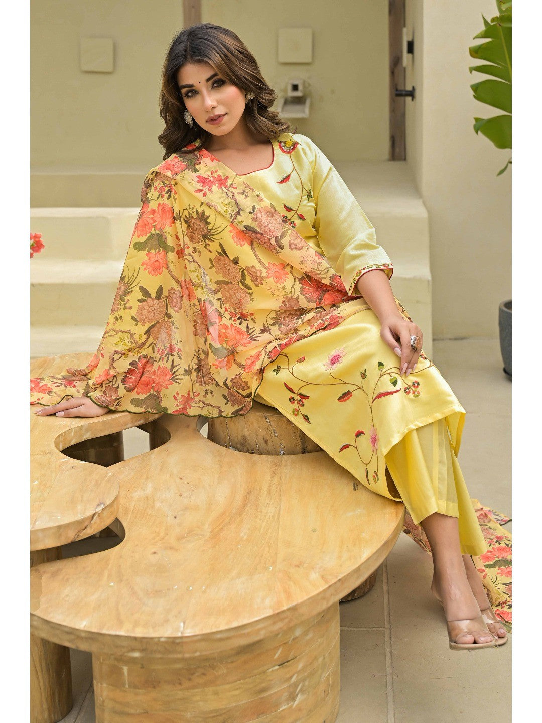 Yellow Thread Work Embroidered Chanderi Silk Salwar Suit - Image 5