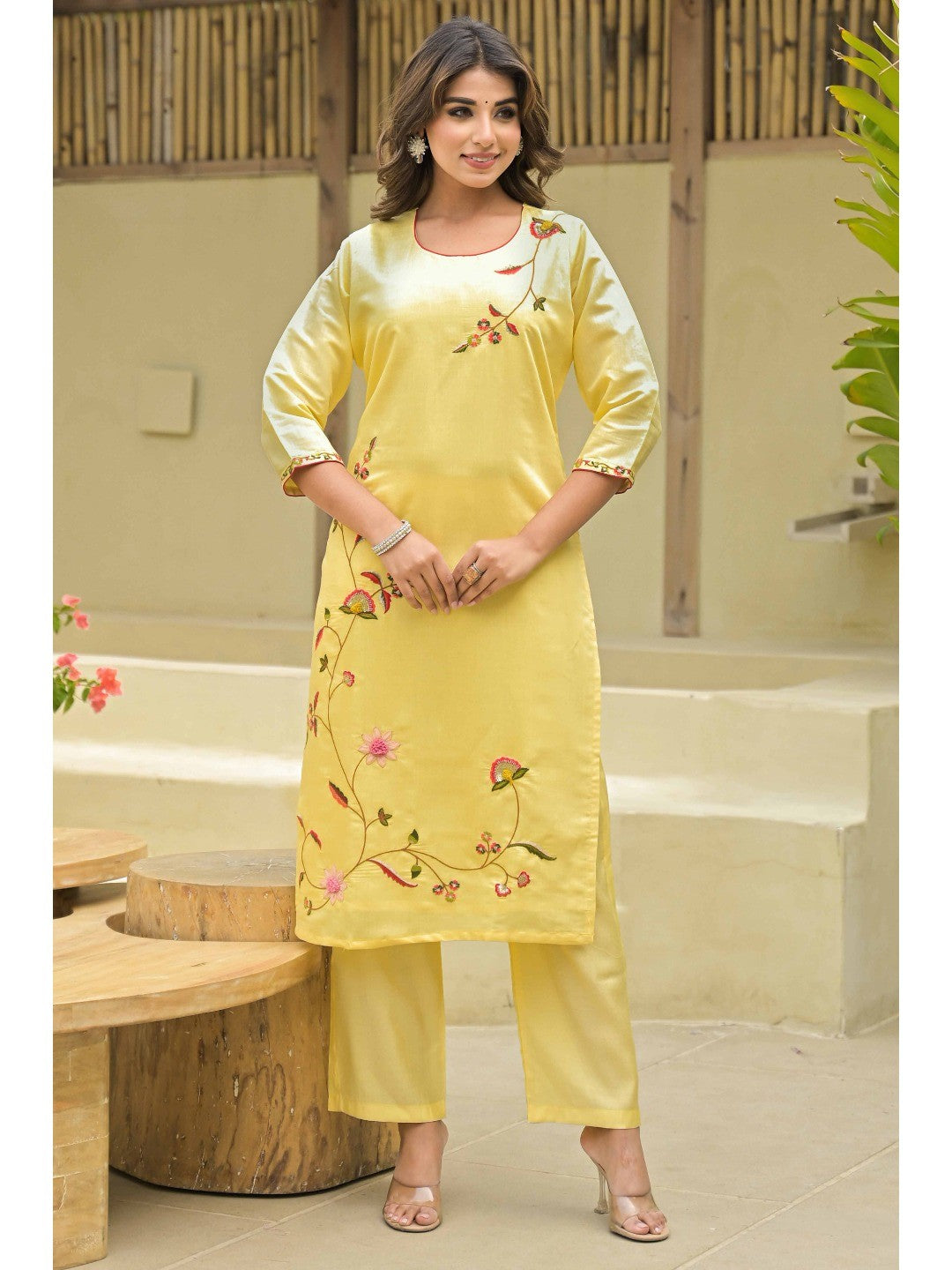 Yellow Thread Work Embroidered Chanderi Silk Salwar Suit - Image 4