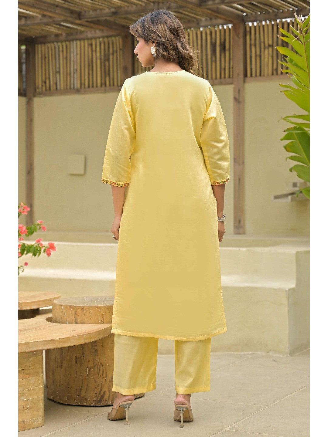 Yellow Thread Work Embroidered Chanderi Silk Salwar Suit - Image 3