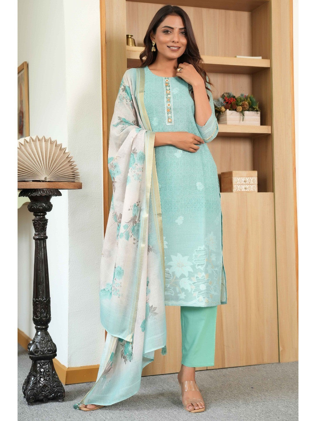 Light Green Printed Linen Jacquard Suit with Graceful Lace Work Detailing - Image 1
