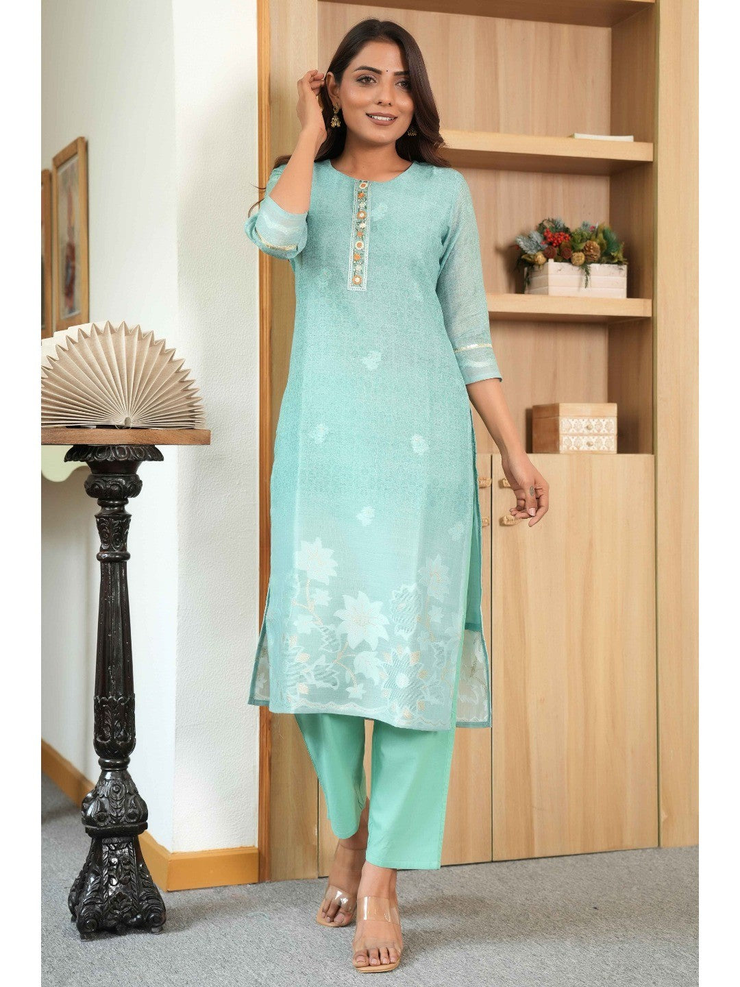 Light Green Printed Linen Jacquard Suit with Graceful Lace Work Detailing - Image 4