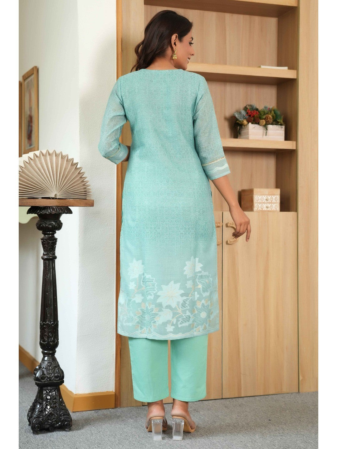 Light Green Printed Linen Jacquard Suit with Graceful Lace Work Detailing - Image 3