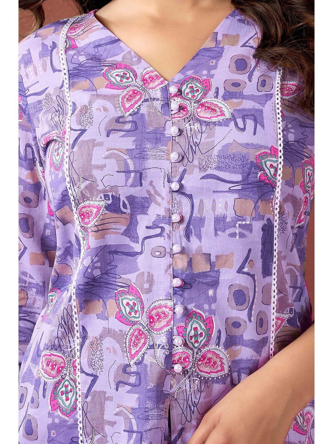 Plum Purple Floral Printed Pure Cotton Co-ord Set - Image 5