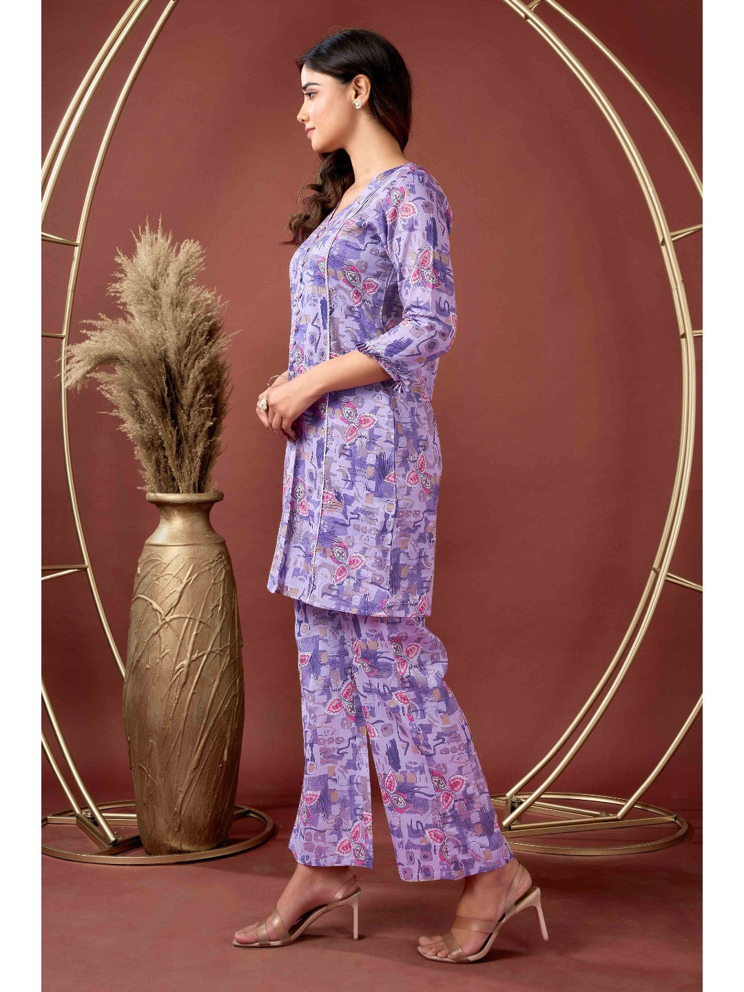 Plum Purple Floral Printed Pure Cotton Co-ord Set - Image 4