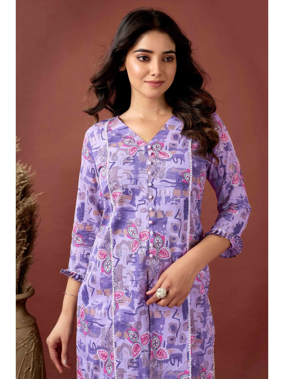 Plum Purple Floral Printed Pure Cotton Co-ord Set - Image 2