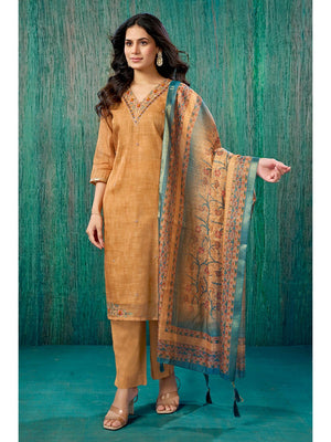 Orange Thread Work Embroidered Linen Straight Salwar Suit - Image 2