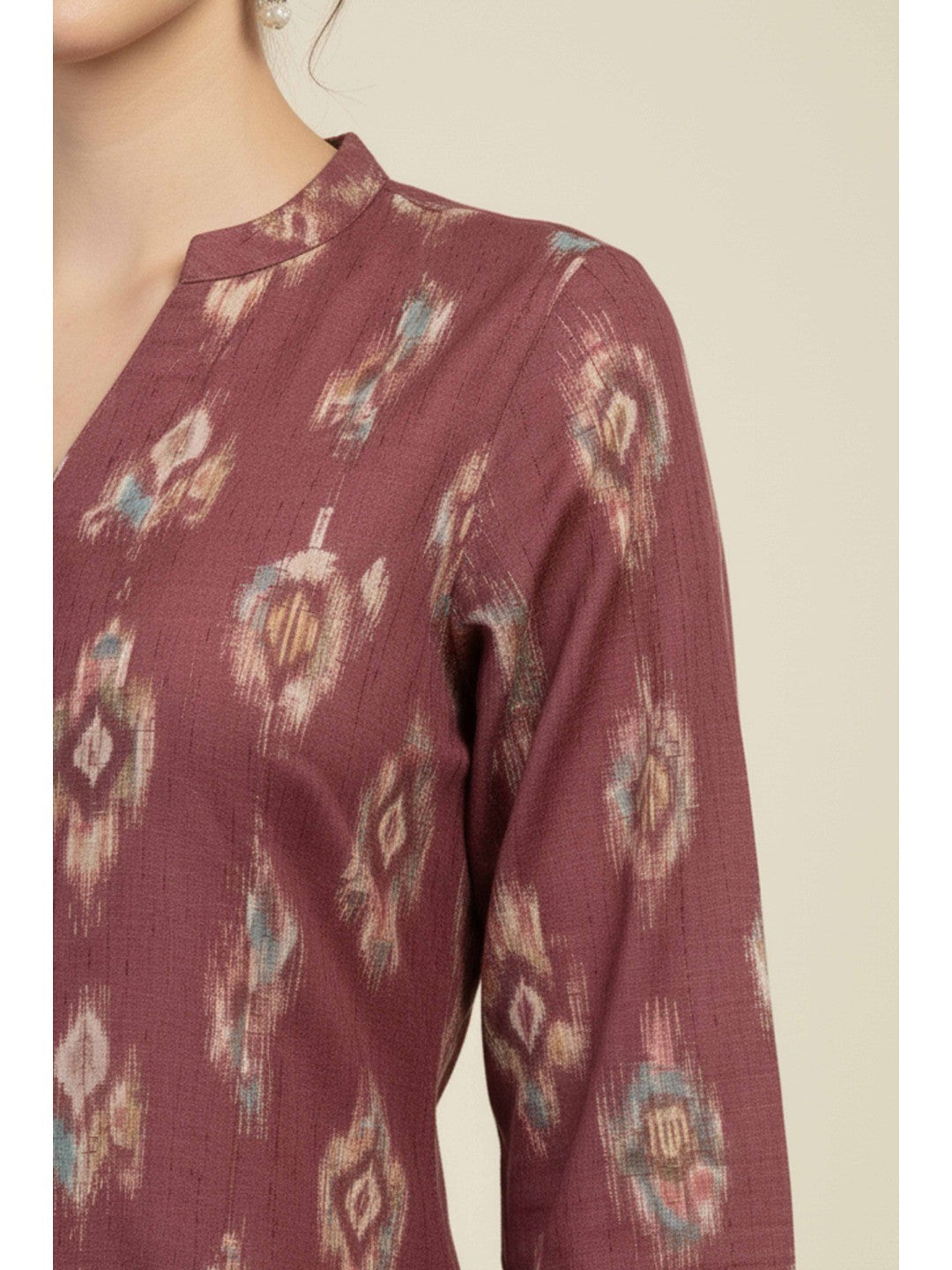 Purple Ikkat Printed Pure Cotton A-Line Kurti - Image 5
