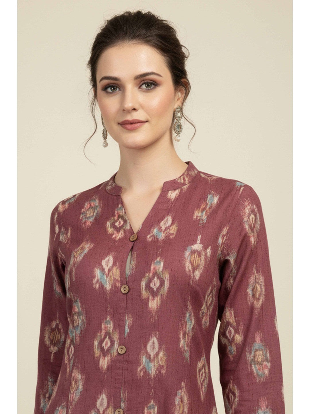 Purple Ikkat Printed Pure Cotton A-Line Kurti - Image 4