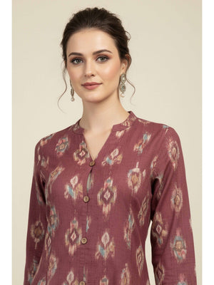 Purple Ikkat Printed Pure Cotton A-Line Kurti - Image 2