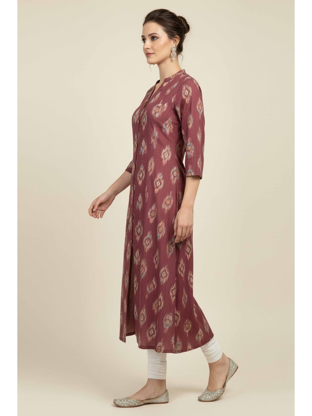 Purple Ikkat Printed Pure Cotton A-Line Kurti - Image 3