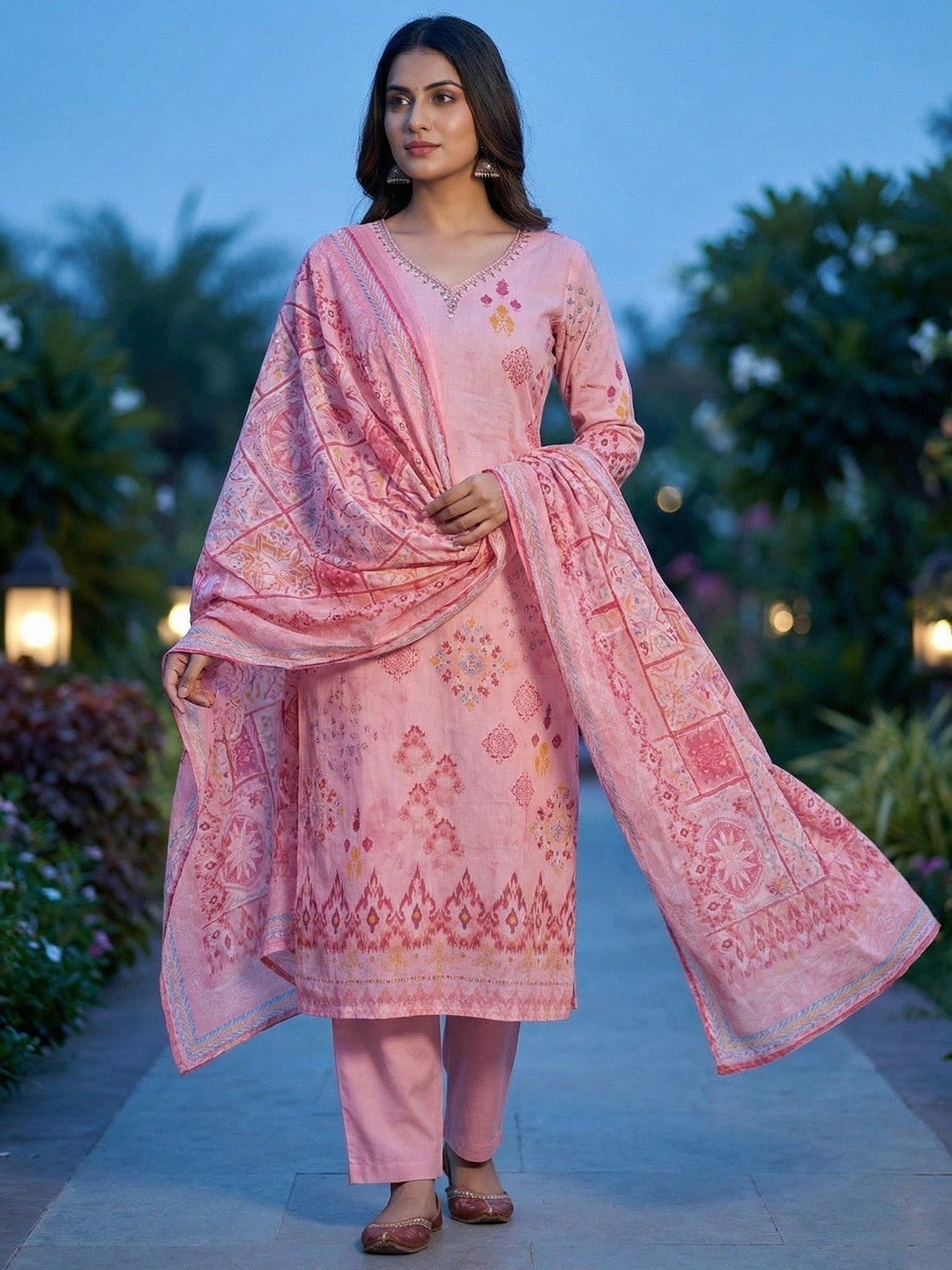 Elegant Pink Printed Straight Pure Cotton Salwar Suit Highlighted by Moti & Sequins Neck Work - Image 1