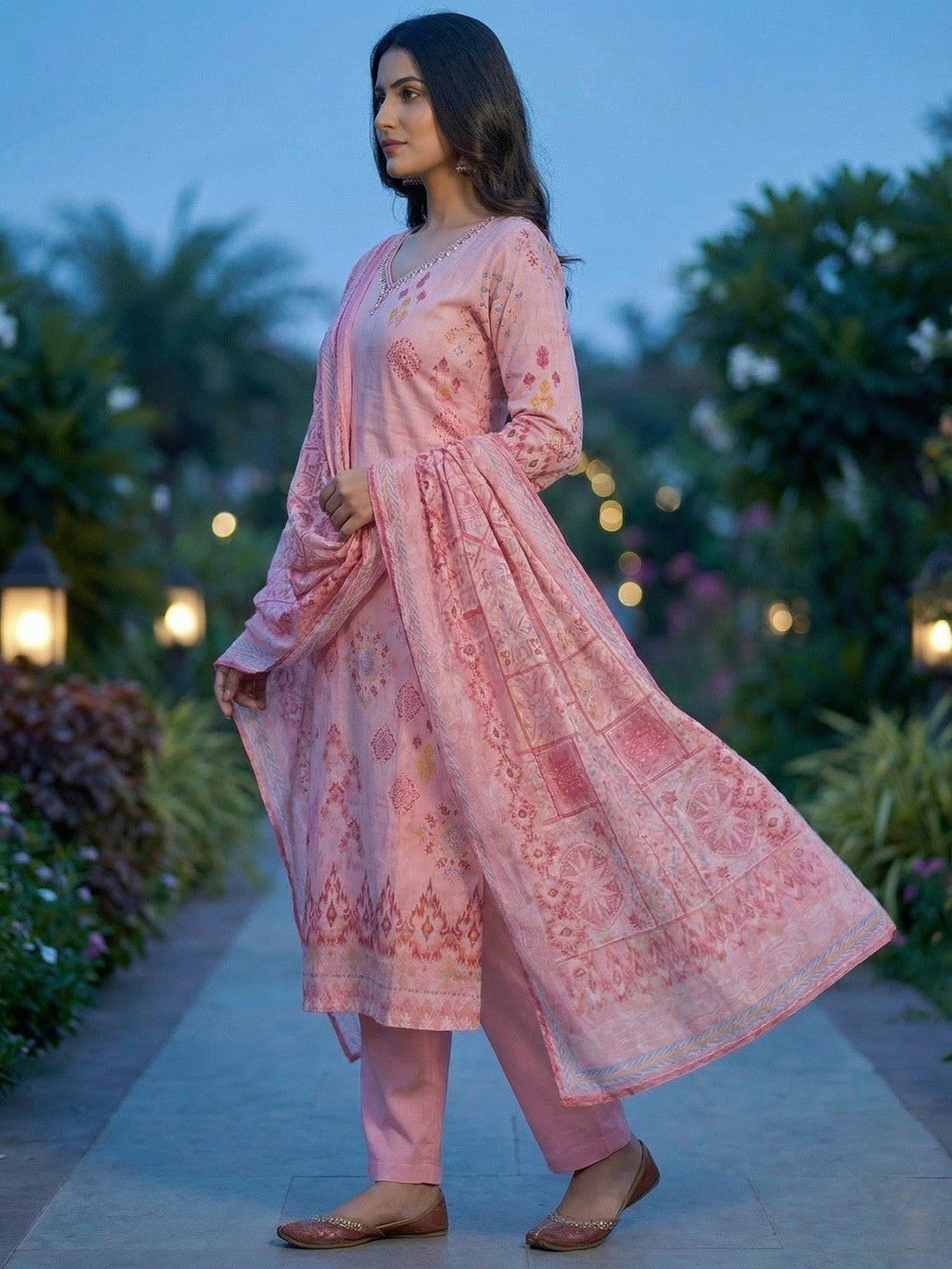 Elegant Pink Printed Straight Pure Cotton Salwar Suit Highlighted by Moti & Sequins Neck Work - Image 2