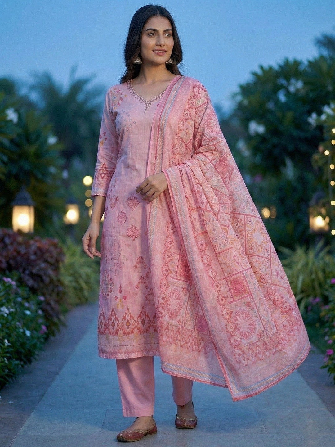 Elegant Pink Printed Straight Pure Cotton Salwar Suit Highlighted by Moti & Sequins Neck Work - Image 3