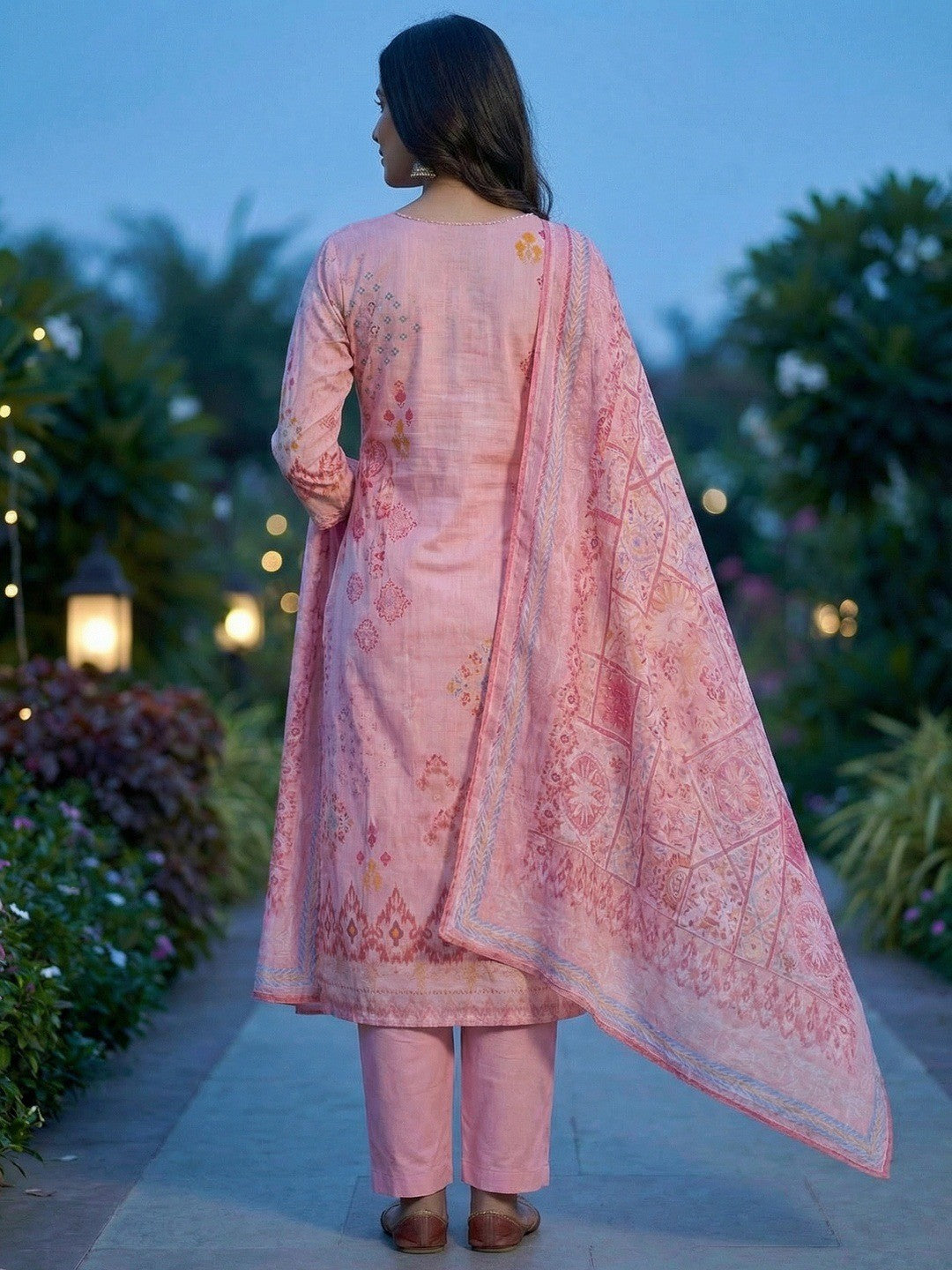 Elegant Pink Printed Straight Pure Cotton Salwar Suit Highlighted by Moti & Sequins Neck Work - Image 4