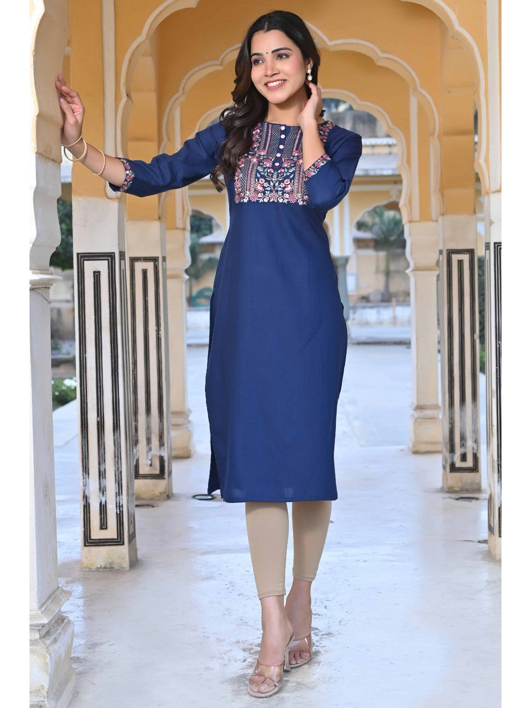 Blue Yoke Embroidered Rayon Slub Straight Kurti - Image 1