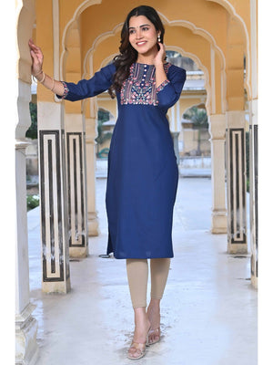 Blue Yoke Embroidered Rayon Slub Straight Kurti - Image 1