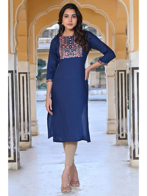 Blue Yoke Embroidered Rayon Slub Straight Kurti - Image 2
