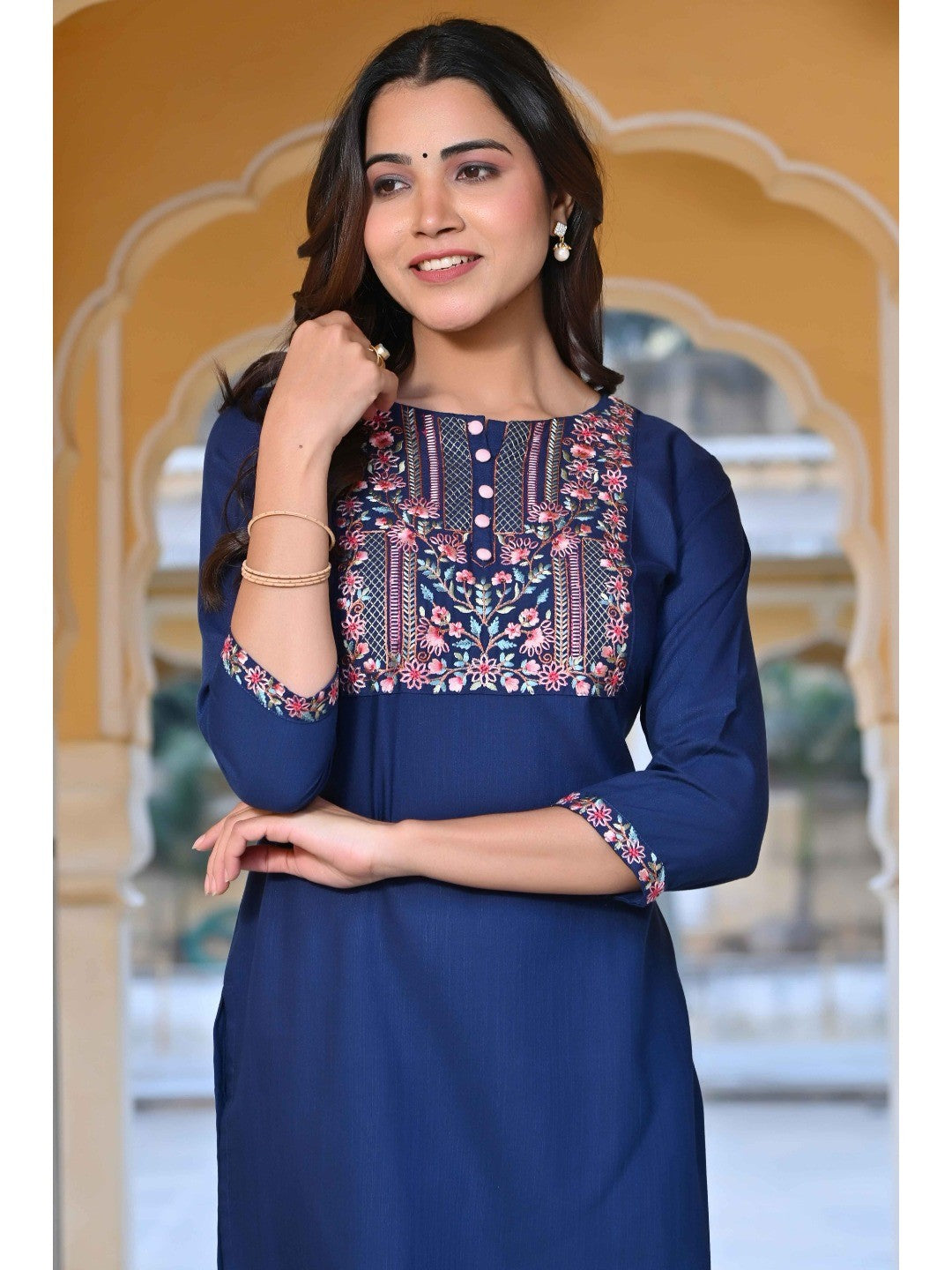 Blue Yoke Embroidered Rayon Slub Straight Kurti - Image 2