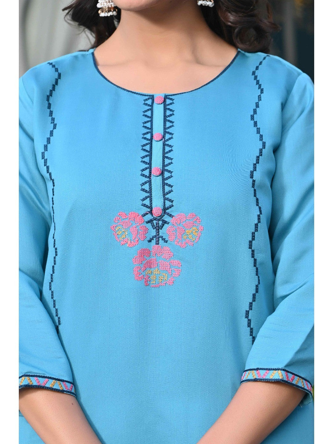 Rama Blue Floral Embroidered Viscose Straight Kurti - Image 2