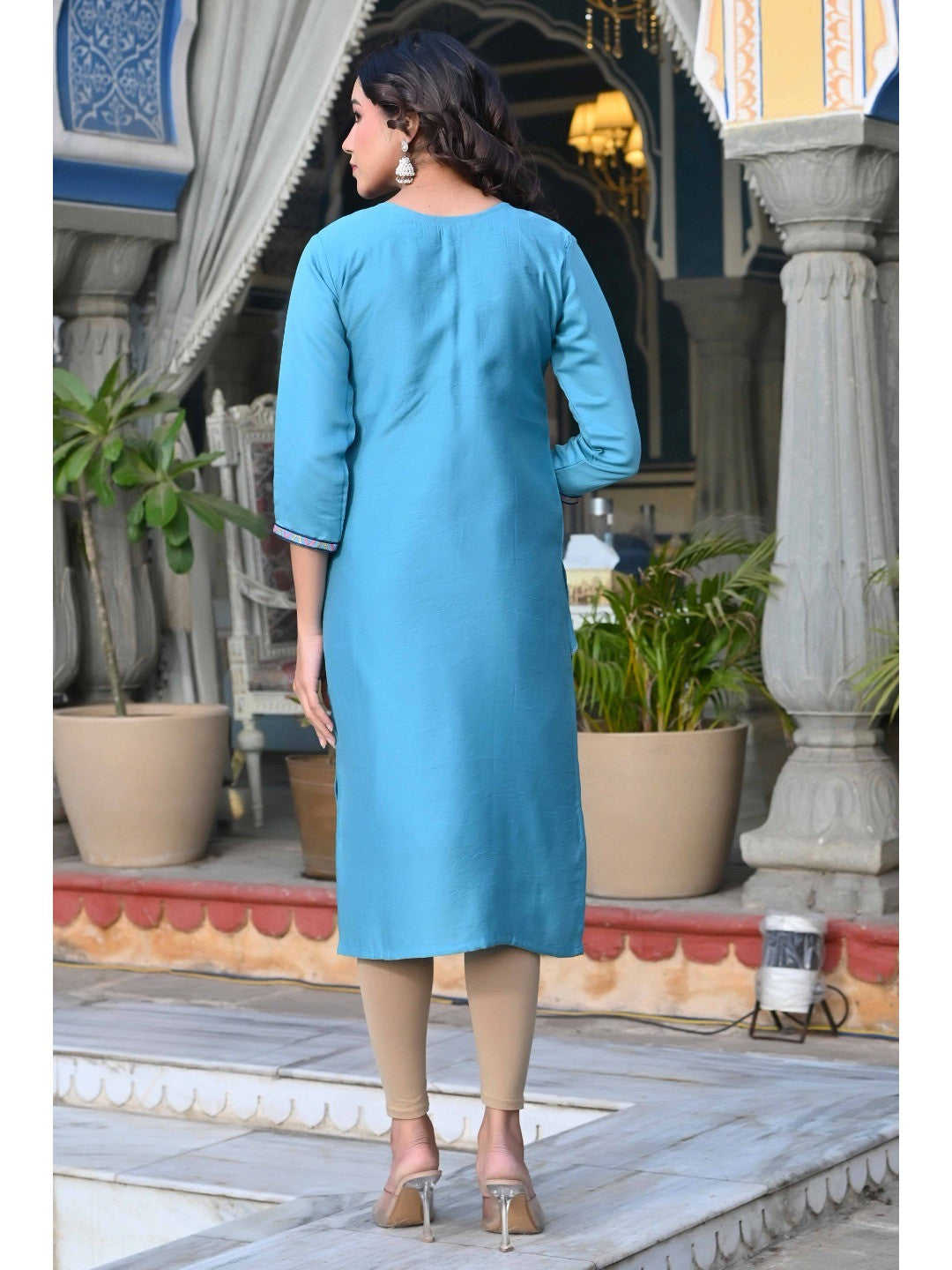 Rama Blue Floral Embroidered Viscose Straight Kurti - Image 6