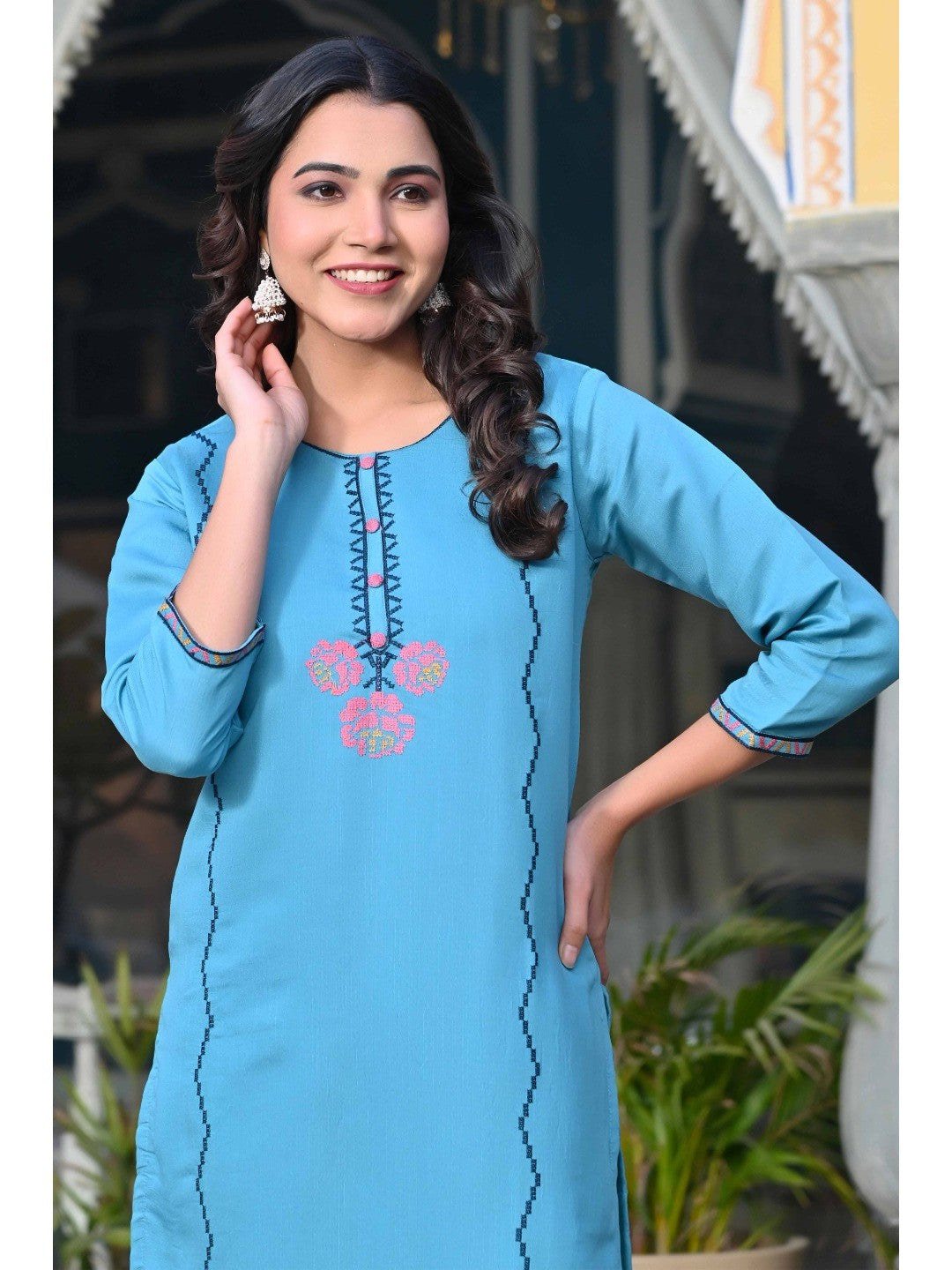 Rama Blue Floral Embroidered Viscose Straight Kurti - Image 5