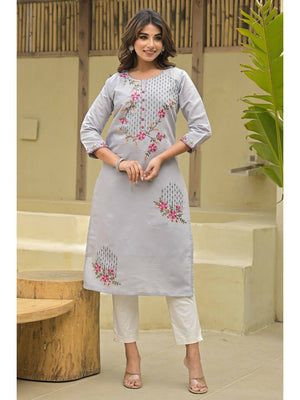Grey Floral Embroidered Chanderi Straight Kurti With Handwork - Image 1