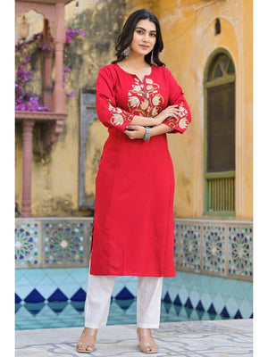 Red Floral Embroidered Viscose Rayon Straight Kurti - Image 2