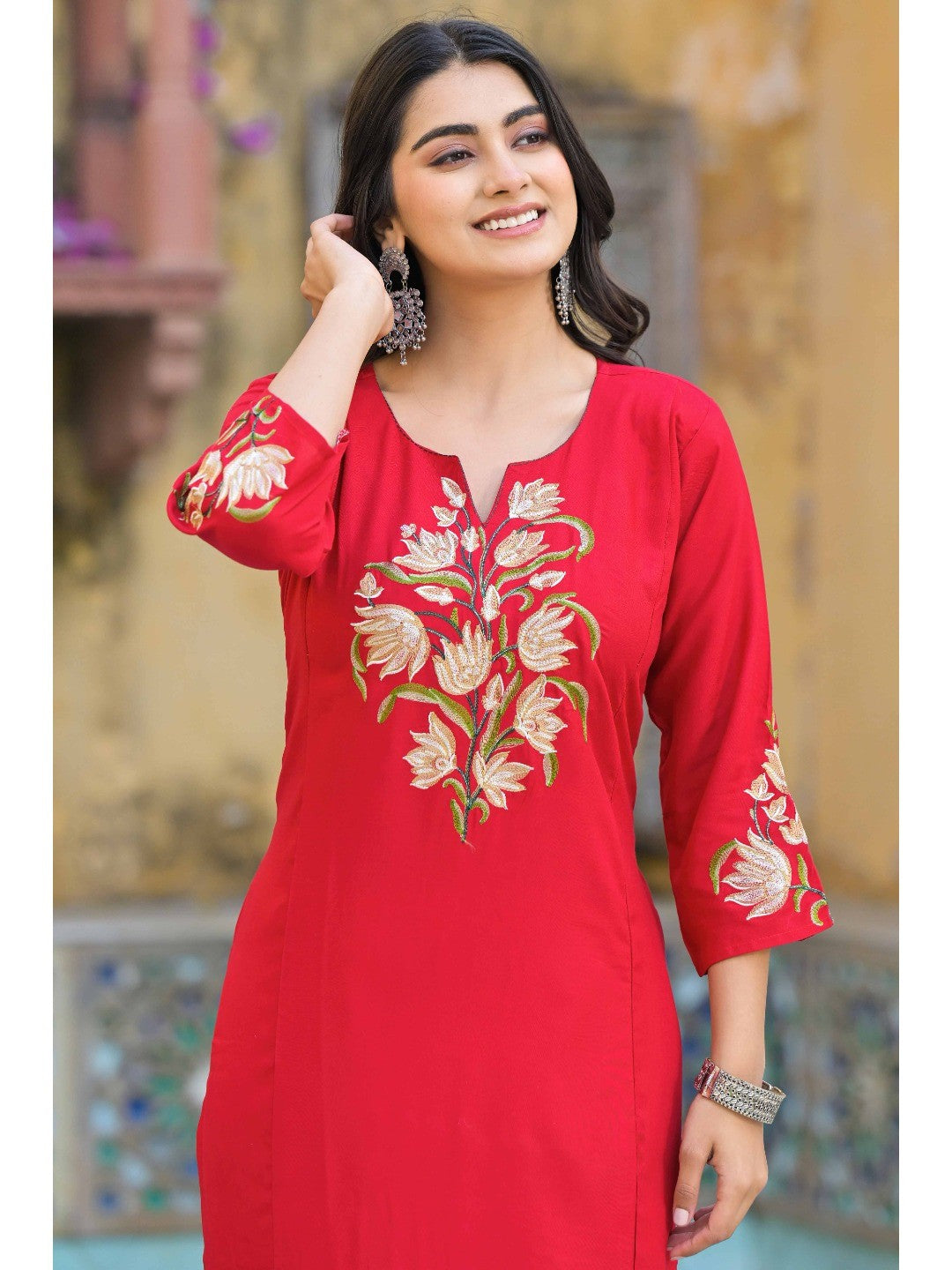 Red Floral Embroidered Viscose Rayon Straight Kurti - Image 2