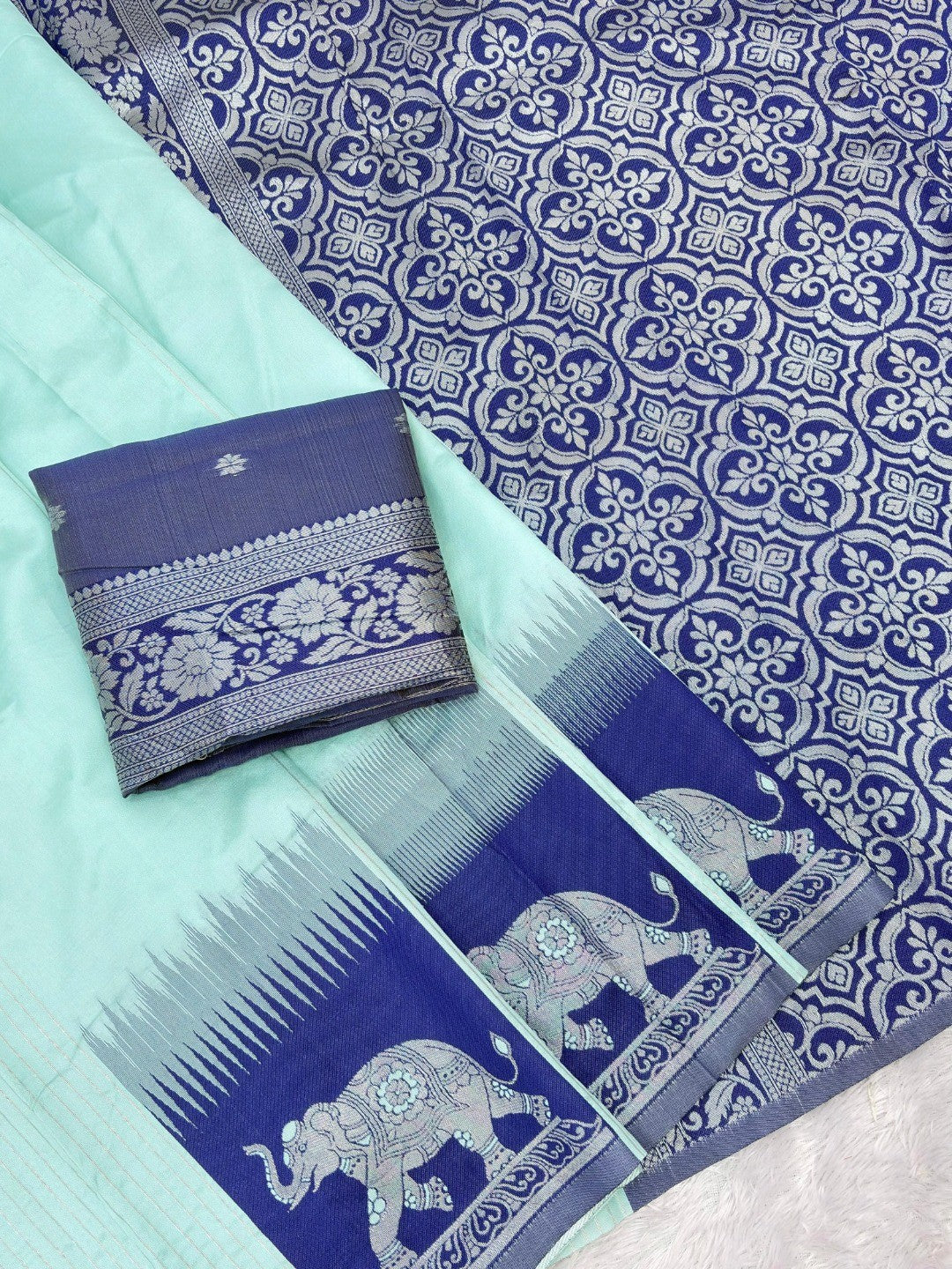 Mint Green Silk Blend Saree with Elephant Motif Border and Detailed Border Weaving - Image 3