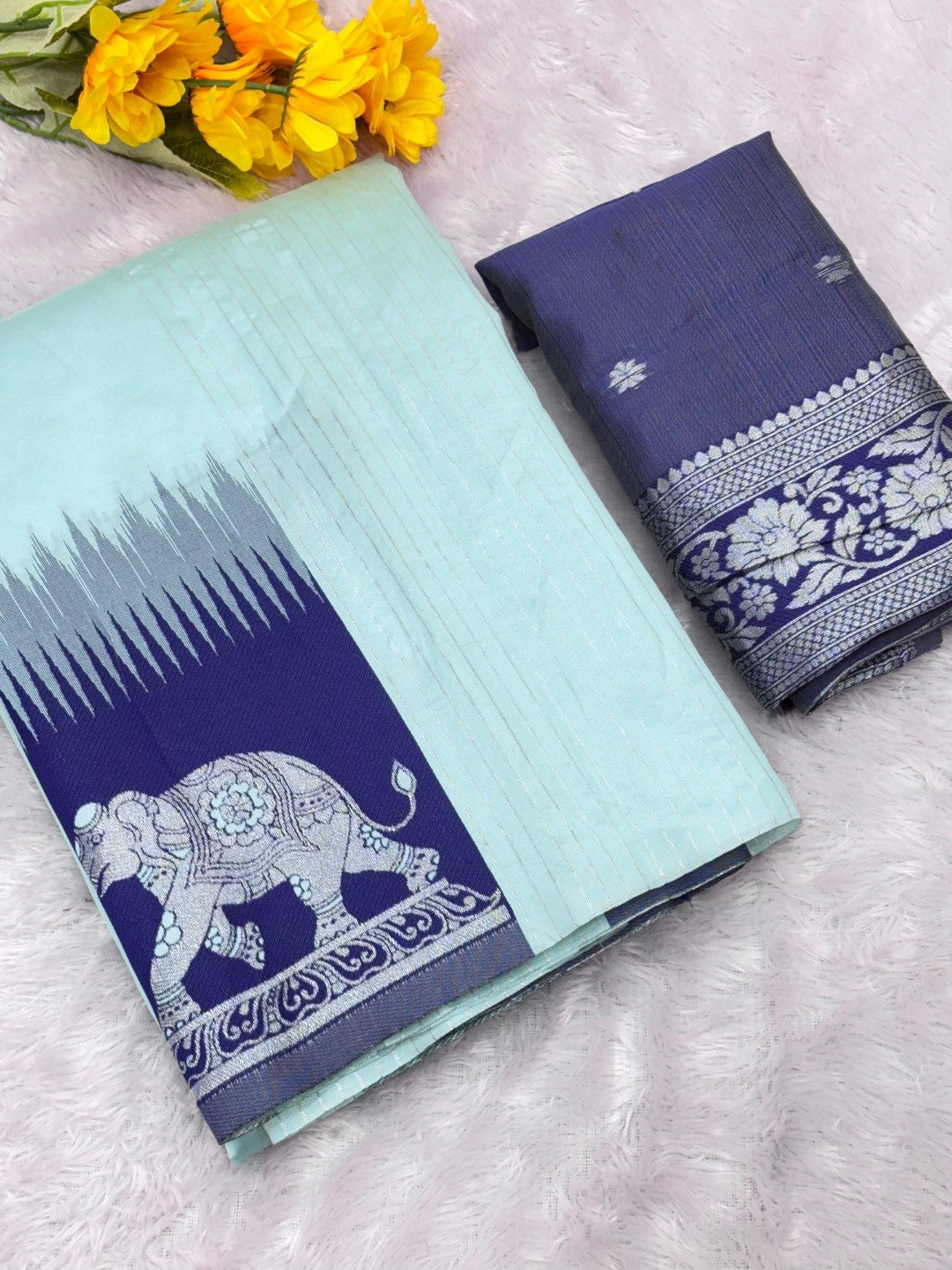 Mint Green Silk Blend Saree with Elephant Motif Border and Detailed Border Weaving - Image 2