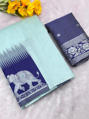 Mint Green Silk Blend Saree with Elephant Motif Border and Detailed Border Weaving - Image 2