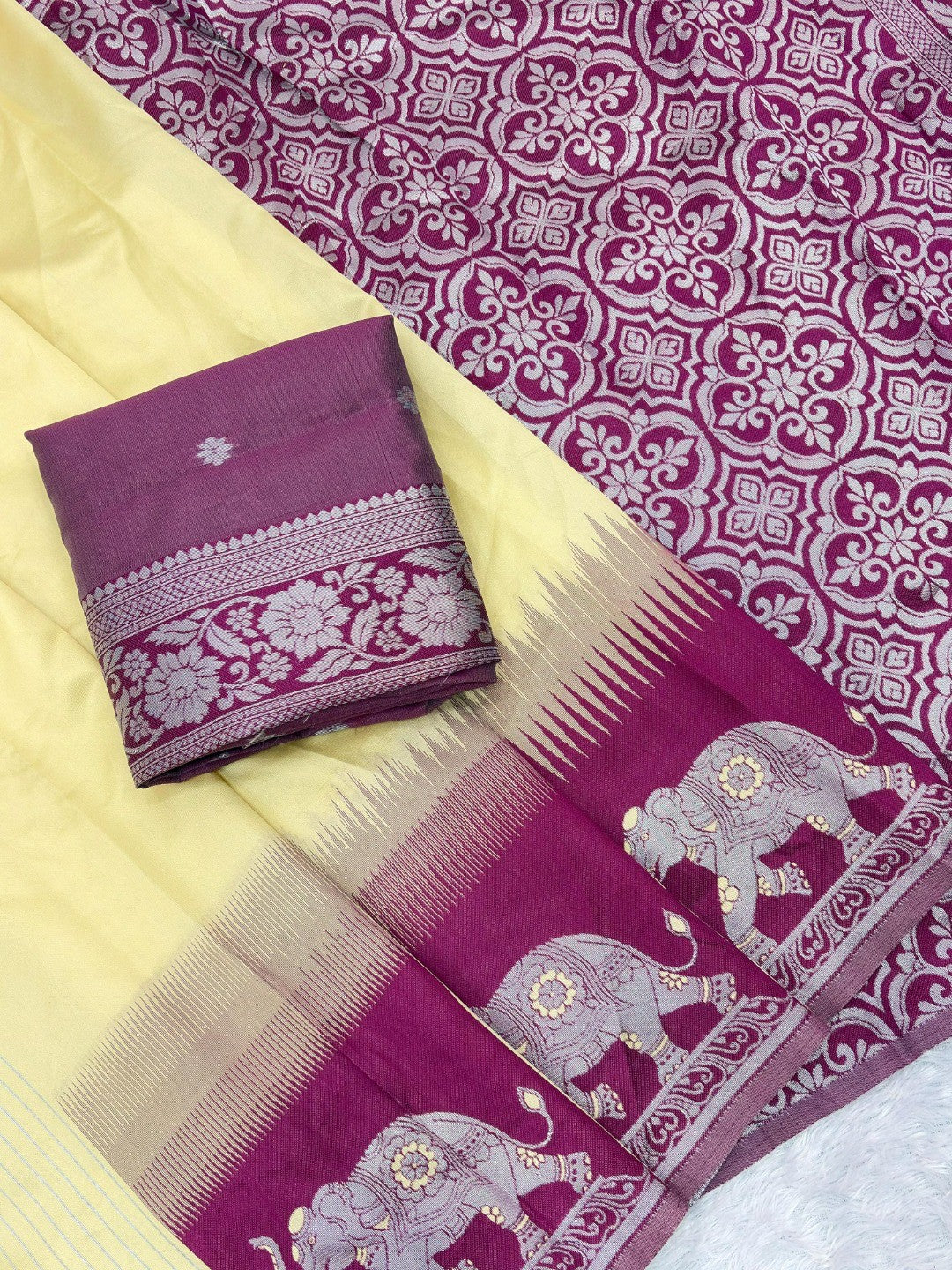 Yellow Silk Blend Saree with Elephant Motif Border and Detailed Border Weaving - Image 3