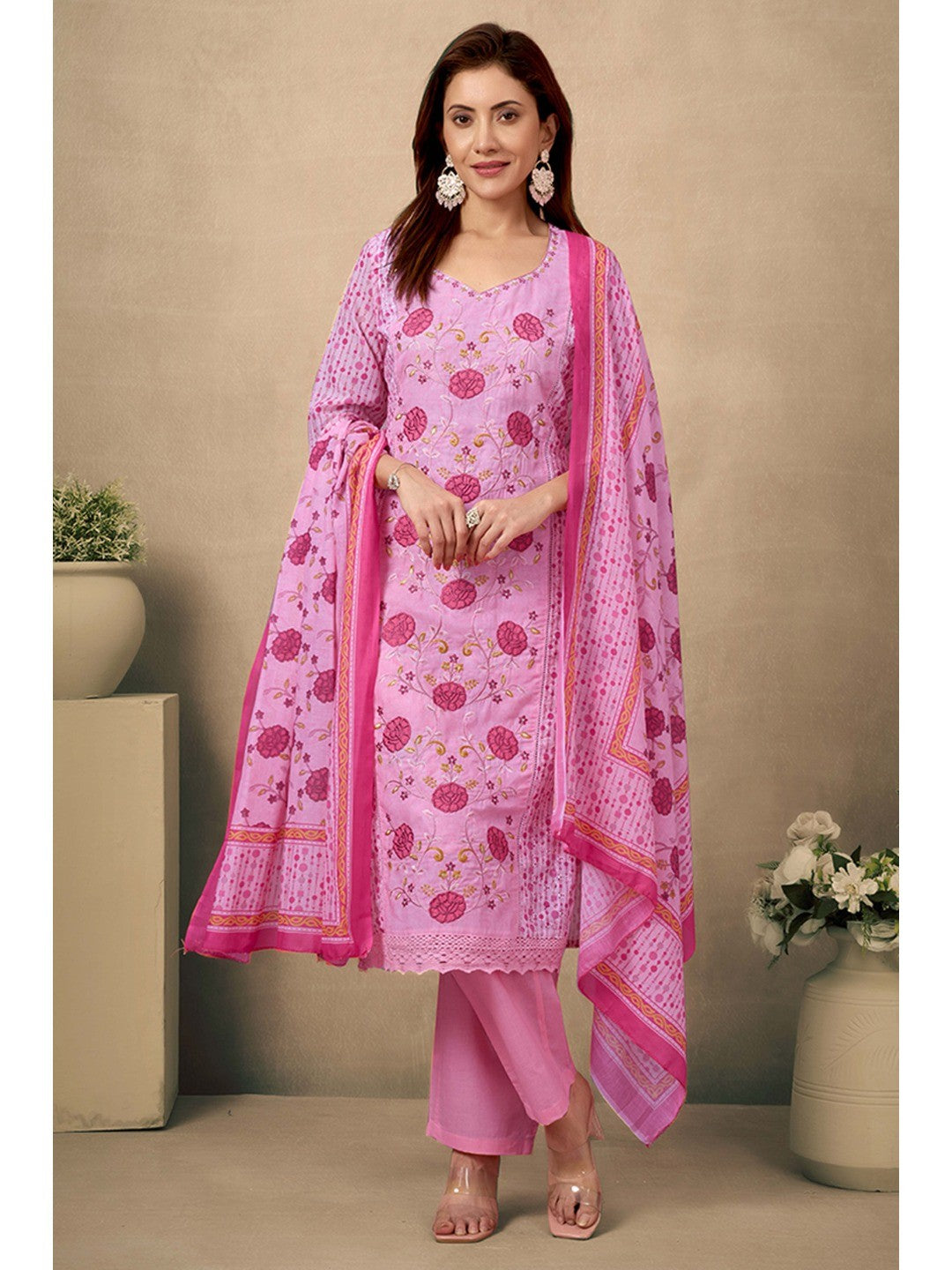 Pink Cotton Blend Straight Suit Featuring Feminine Floral Designs - Image 1