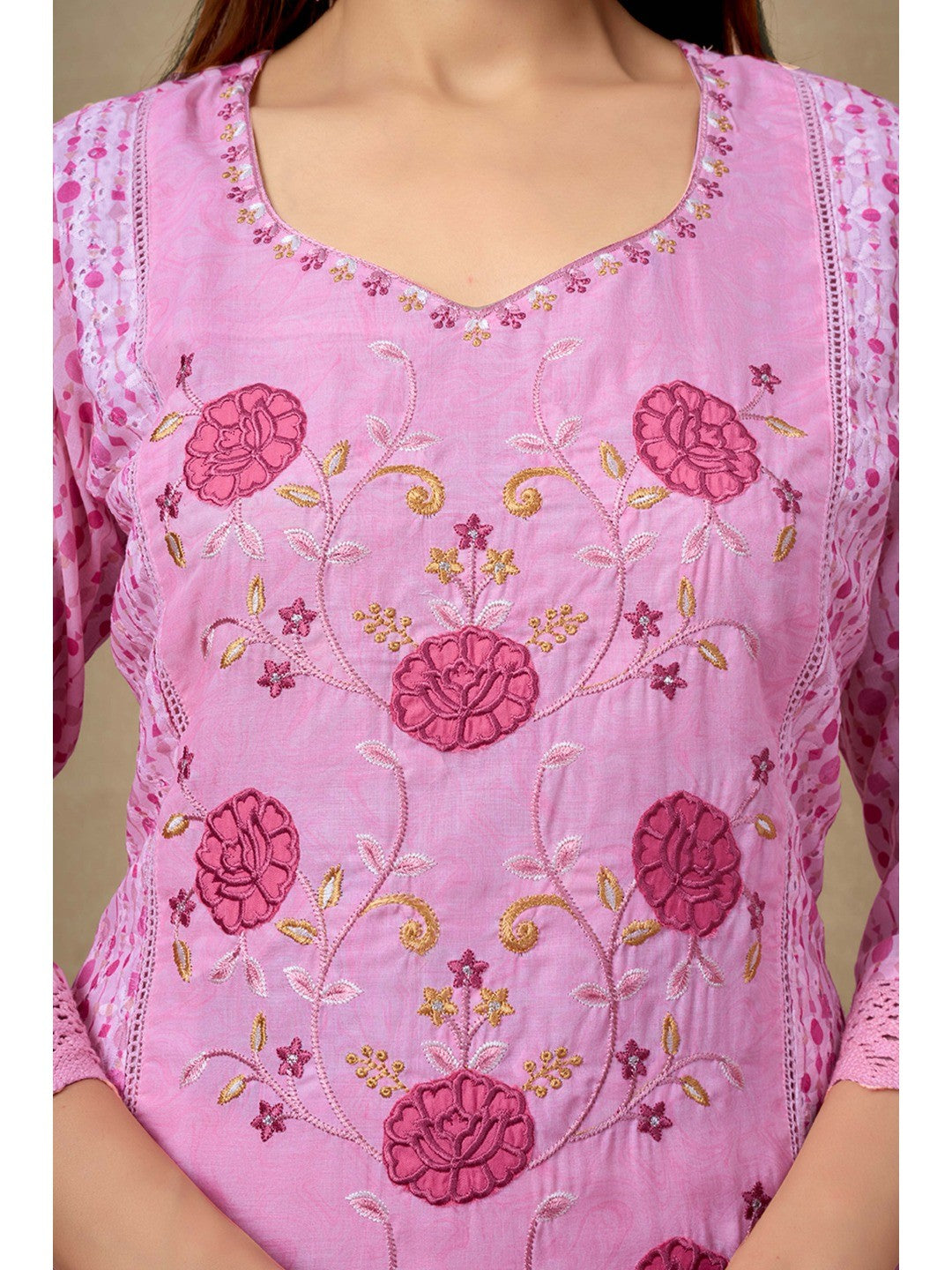 Pink Cotton Blend Straight Suit Featuring Feminine Floral Designs - Image 6