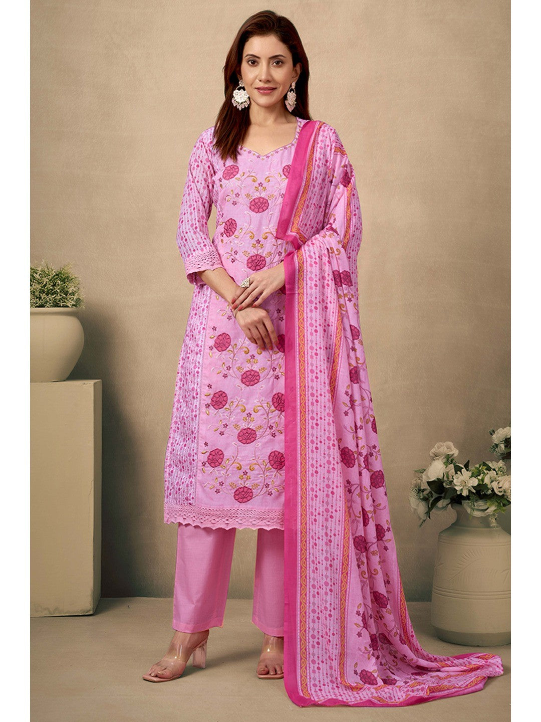 Pink Cotton Blend Straight Suit Featuring Feminine Floral Designs - Image 5