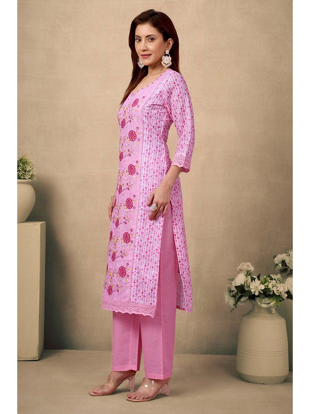 Pink Cotton Blend Straight Suit Featuring Feminine Floral Designs - Image 4