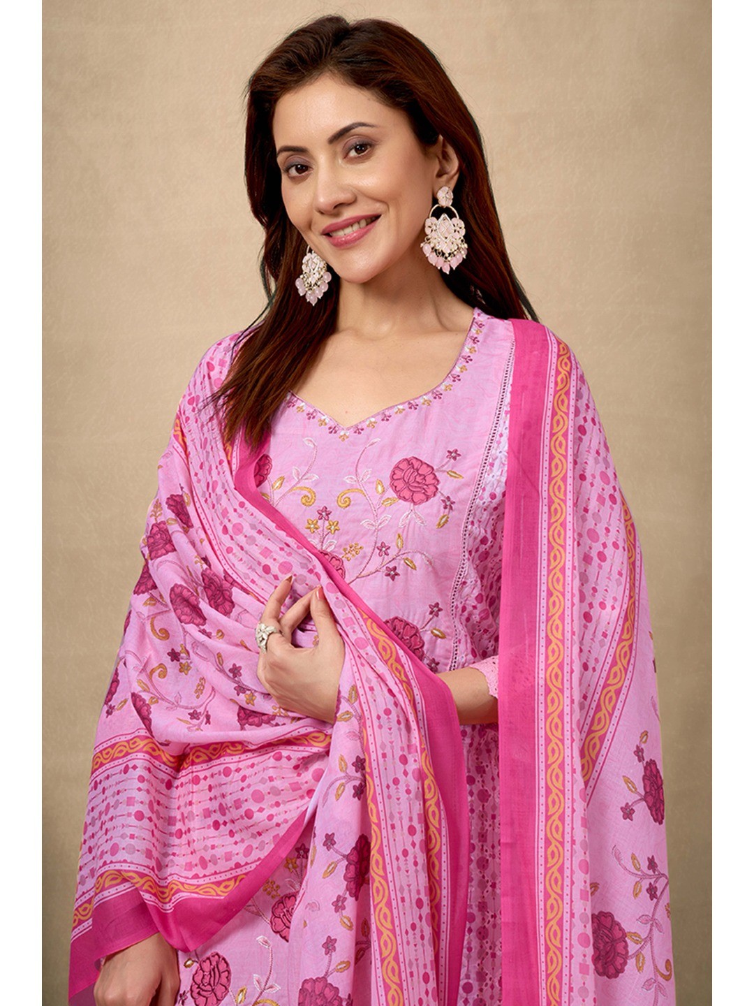 Pink Cotton Blend Straight Suit Featuring Feminine Floral Designs - Image 3