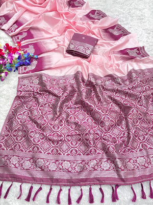 Pink Silk Blend Saree with Elephant Motif Border and Detailed Border Weaving - Image 1