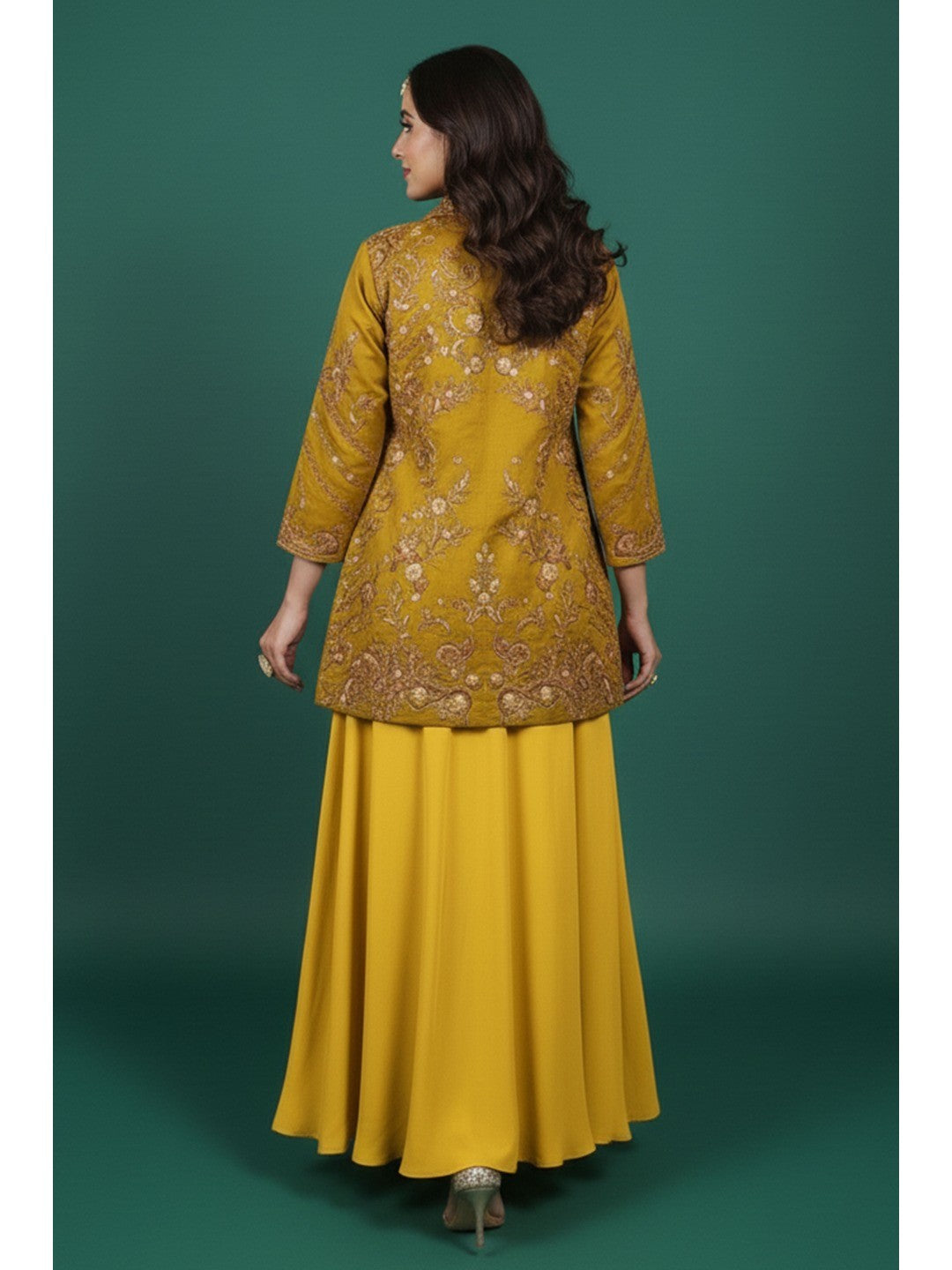 Luxe Mustard Solid Chanderi Silk Co-Ord Set with Ornate Embroidered Coat - Image 3