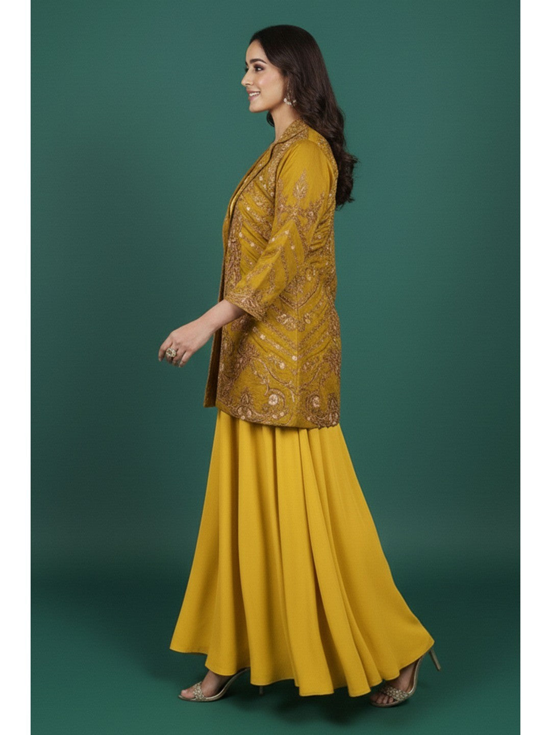 Luxe Mustard Solid Chanderi Silk Co-Ord Set with Ornate Embroidered Coat - Image 4