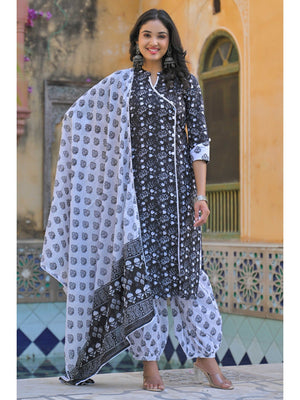 Black Floral Printed Pure Cotton Angrakha Salwar Suit - Image 2