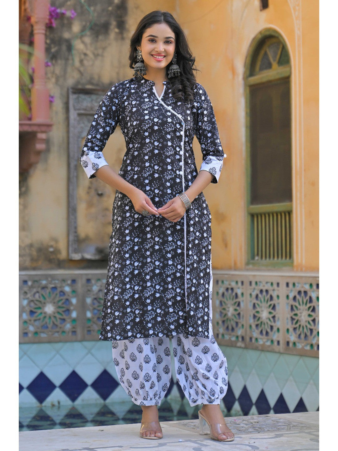 Black Floral Printed Pure Cotton Angrakha Salwar Suit - Image 10