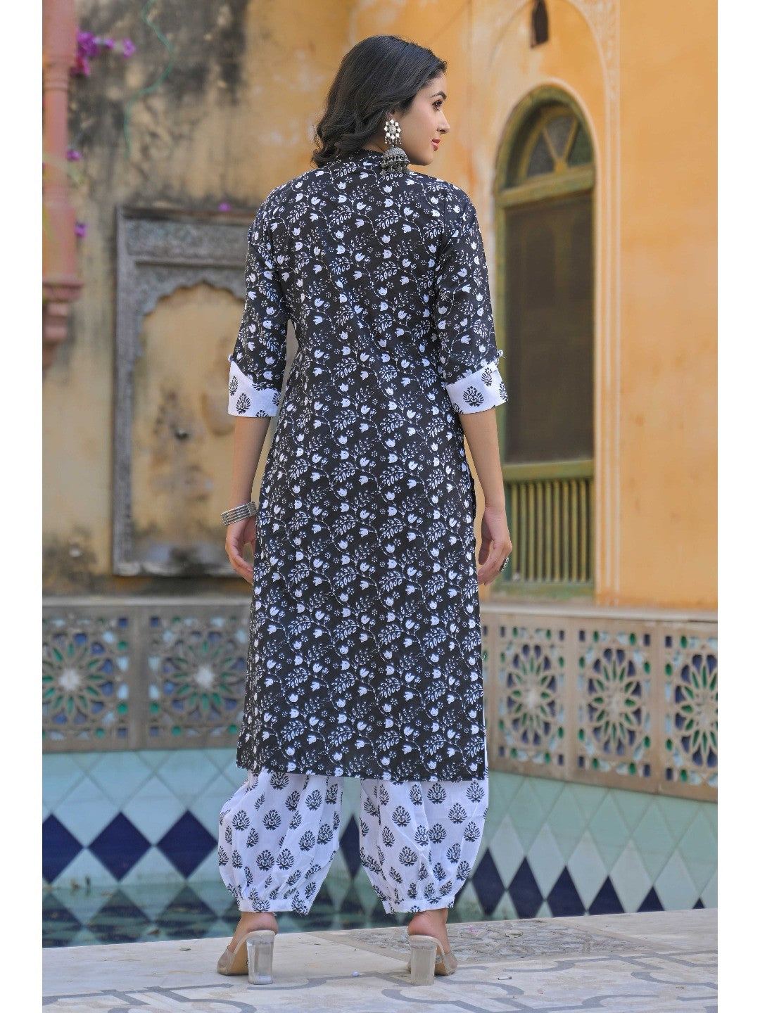 Black Floral Printed Pure Cotton Angrakha Salwar Suit - Image 8