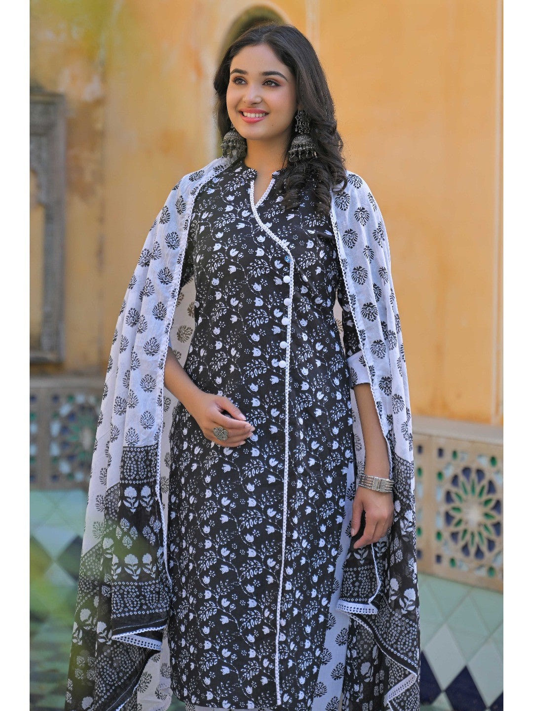 Black Floral Printed Pure Cotton Angrakha Salwar Suit - Image 7