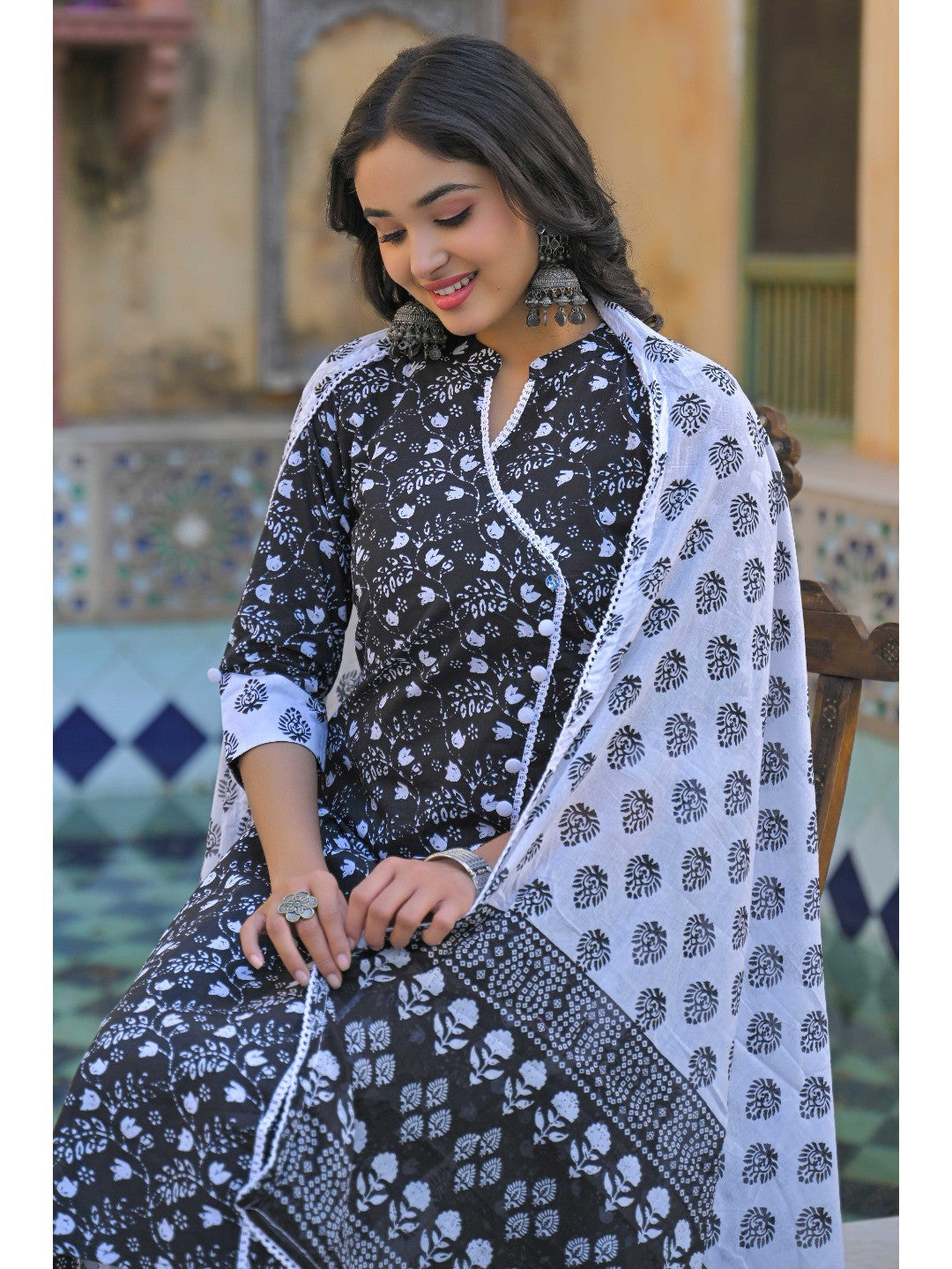 Black Floral Printed Pure Cotton Angrakha Salwar Suit - Image 9